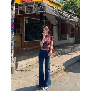 MULVAN 显腿直~蓝色牛仔裤女复古韩系弹力修身显瘦直筒裤微喇裤