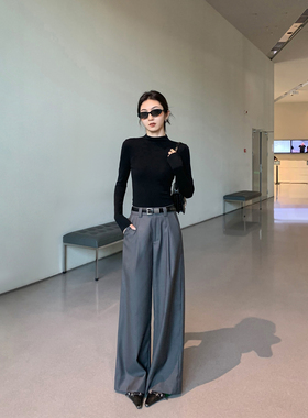 MULVAN 【现货7折】老钱vibe 极简高腰西装裤女直筒垂感拖地长裤