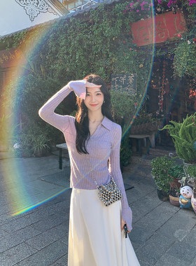 MULVAN 白色v领针织衫女薄款秋季修身气质polo翻领喇叭袖上衣