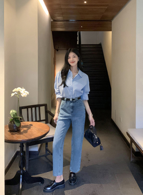 MULVAN 【现货6.5折】蓝色复古牛仔裤女高腰显瘦百搭直筒裤九分裤