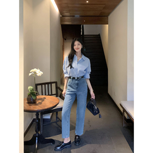 九分裤 MULVAN 女高腰显瘦百搭直筒裤 蓝色复古牛仔裤 现货6.5折