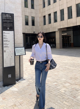 MULVAN 气质欧尼~白色衬衫女长袖高级感宽松显瘦衬衣V领休闲上衣