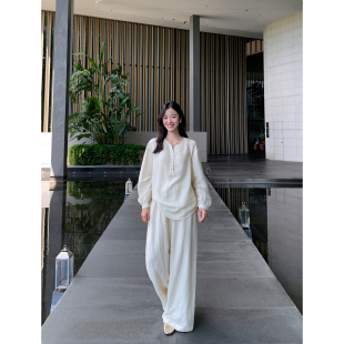 现货7折 套装 气质宽松V领衬衫 松紧腰拖地宽松阔腿裤 女 MULVAN