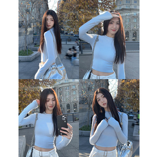 女秋冬收腰显瘦拼接打底衫 黑色半高领针织衫 现货7折 MULVAN