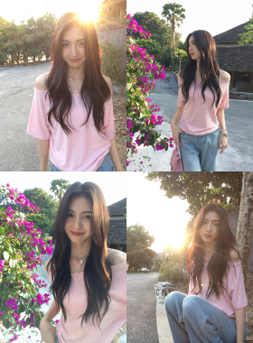 MULVAN Ju好穿 慵懒风一字领短袖t恤女宽松显瘦设计感斜露肩上衣