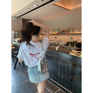 MULVAN 宽松显瘦百搭白色休闲上衣慵懒风 蝴蝶结印花短袖 T恤女夏季