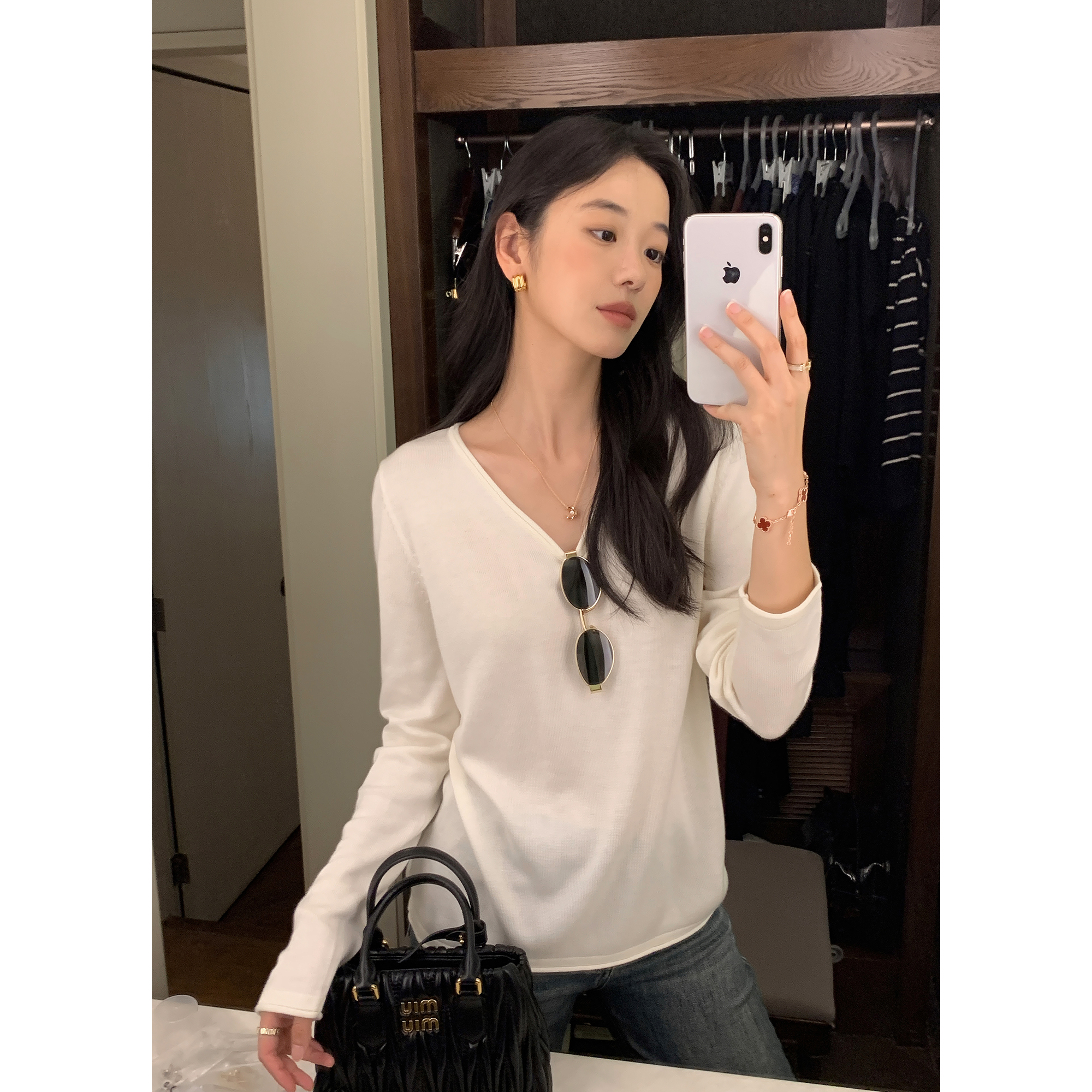 MULVAN 极简实穿 宽松v领长袖打底针织衫女秋气质显瘦长袖t恤上衣