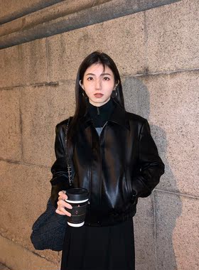 MULVAN 【现货7折】 黑色翻领复古pu皮衣外套宽松机车服夹克上衣