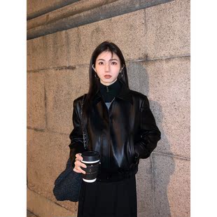 MULVAN 黑色翻领复古pu皮衣外套宽松机车服夹克上衣 现货7折