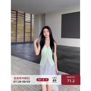 上衣 MULVAN 白色v领针织背心女薄款 绑带设计感小众修身 外穿无袖