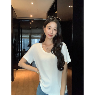 t恤女宽松休闲显瘦简约针织上衣 白色U领正肩短袖 MULVAN 轻氧少女