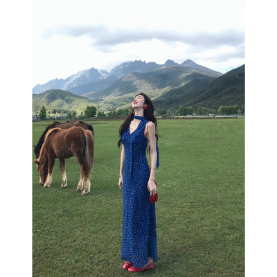 MULVAN 回梦西西里 法式深v领波点吊带连衣裙女气质收腰背心短裙