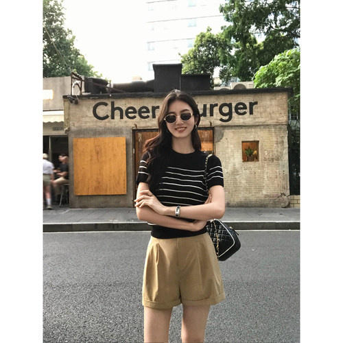 MULVAN 随搭clean fit 高腰翻边牛仔短裤女莱赛尔宽松基础热裤