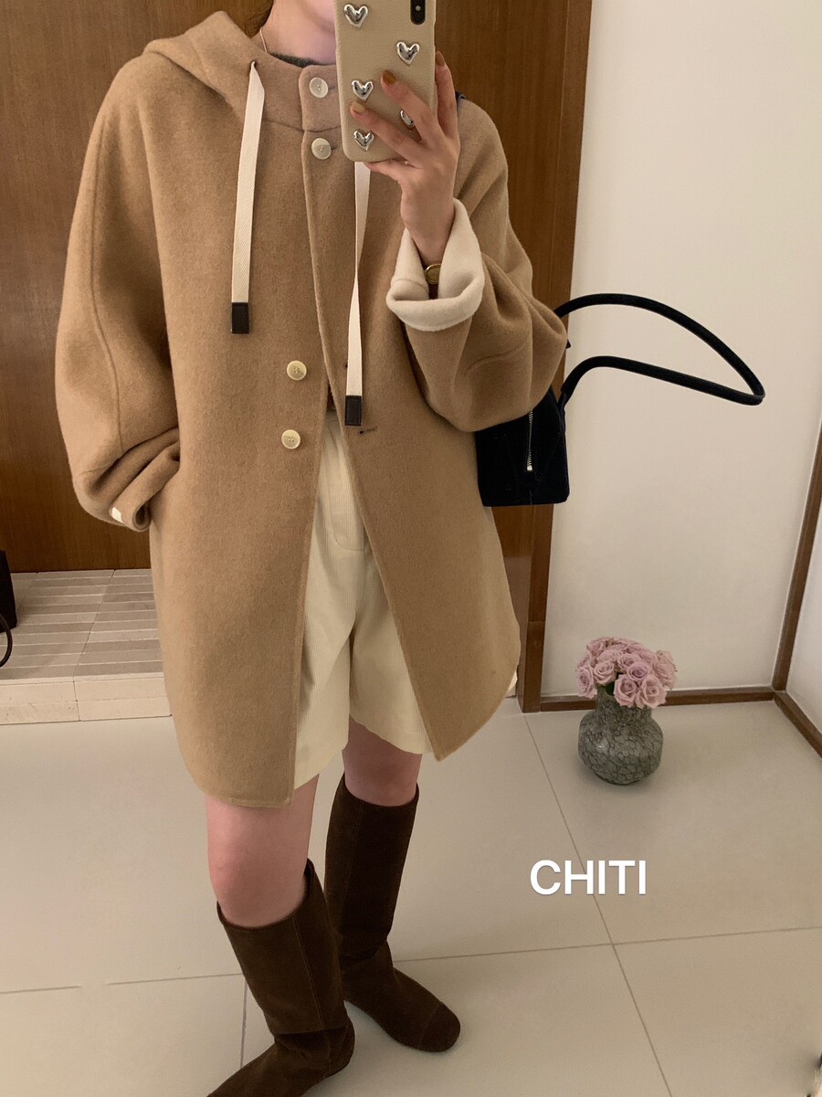 【CHITI驰媞】韩系休闲连帽舒适时尚双面羊毛大衣外套