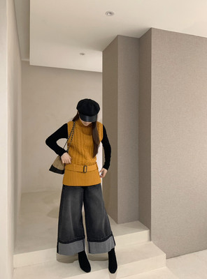 洋气十足【poisooo】小个子裤脚磨毛大翻边设计牛仔裤女配腰带