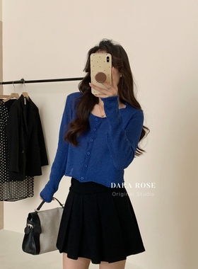 早秋气质洋气套装女【DARA ROSE宝蓝色纯色百搭针织开衫+流苏短裙
