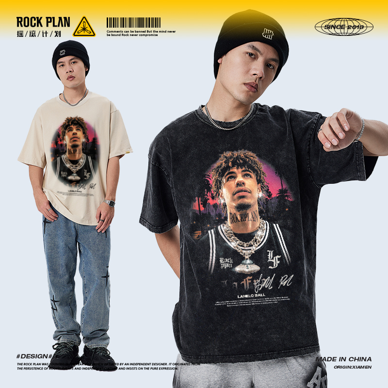 摇滚计划球星三球鲍尔美式短袖T恤纯棉宽松做旧篮球衣运动学生男