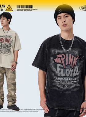 摇滚计划pinkfloyd乐队印花短袖平克·弗洛伊德美式T恤做旧街头男