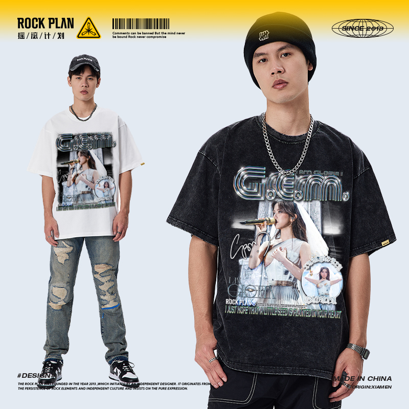 摇滚计划秋季美式邓紫棋印花长袖潮全棉重磅正肩T恤oversize男女