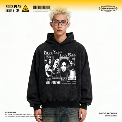 摇滚计划王菲复古印花vintage美式秋冬连帽保暖卫衣街头男女百搭