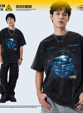 摇滚计划美式说唱歌手liltjay做旧短袖T恤纯棉嘻哈高街男vintage