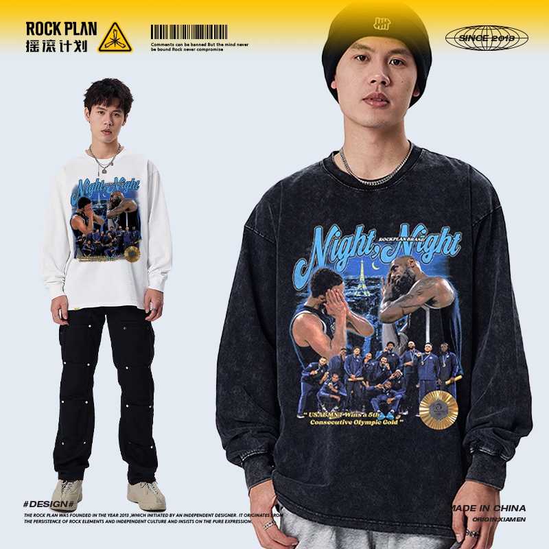 摇滚计划巴黎运动短袖篮球球星库里詹姆斯晚安印花T恤潮男vintage