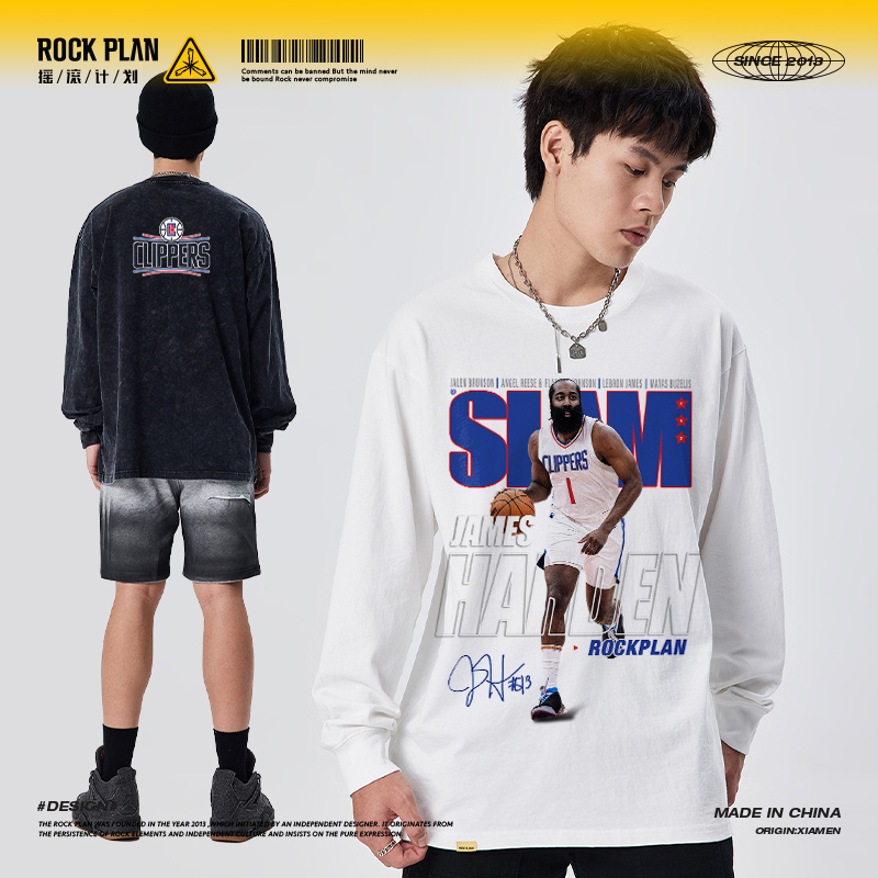 摇滚计划快船哈登印花长袖T恤美式篮球运动嘻哈上衣复古街头潮男