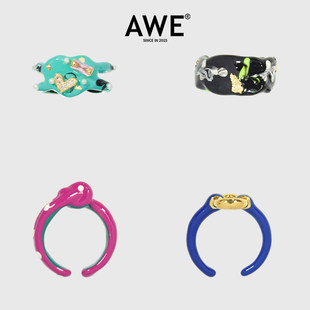 AWE多色珐琅滴釉搪瓷开口戒指女周也汪苏泷同款 撞色彩绘手绘对戒