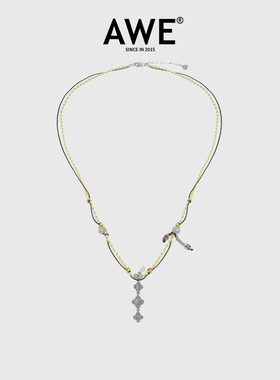 AWE复古鸢尾花双层编绳项链长款穆祉丞同款设计感小众皮绳毛衣链