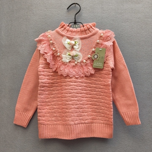 中大童清仓蝴蝶结珍珠花边领子儿童宝宝女童花边领毛衣月红色