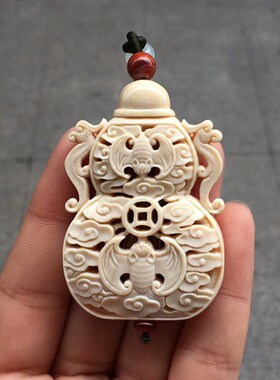 天然吊坠精工镂空雕刻双福猛犸牙