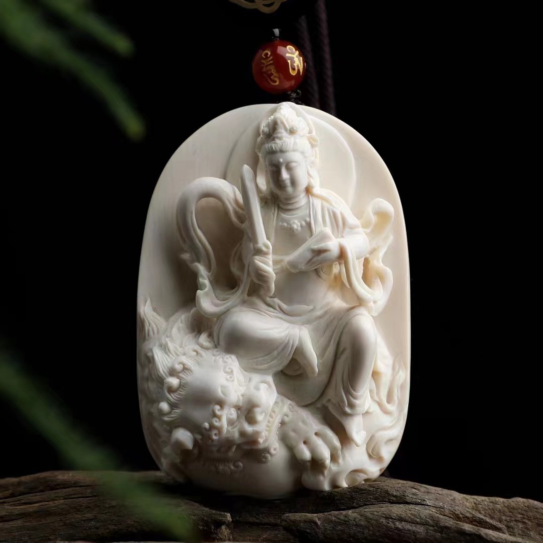 天然猛犸牙文殊菩萨挂件吊坠古将手工精雕猛犸象牌子