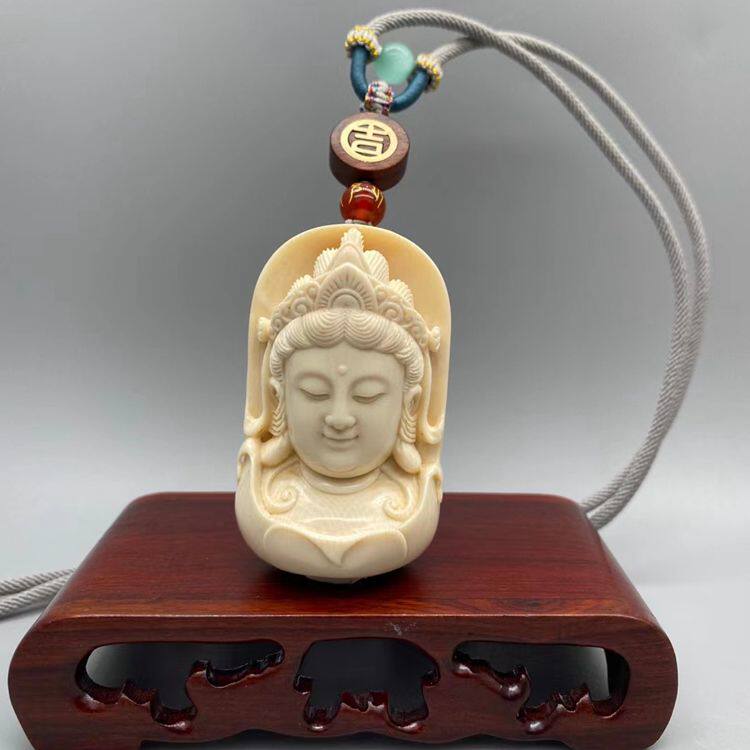 天然精品猛犸牙雕莲花观音牌子挂件吊坠冰料手工精雕