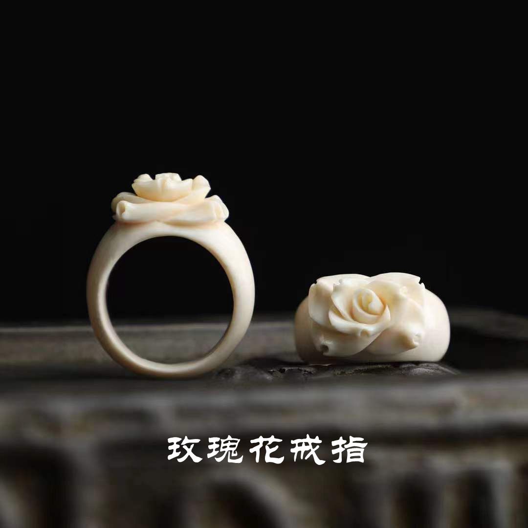 天然猛犸牙雕玫瑰花戒指女士