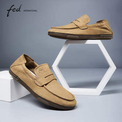 FED真皮男鞋2024春夏磨砂牛皮平底软底休闲一脚蹬爸爸鞋豆豆鞋男