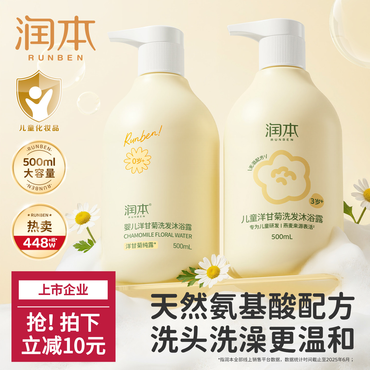 润本洋甘菊儿童沐浴露洗发水二合一婴儿宝宝沐浴液洗头专用男女童