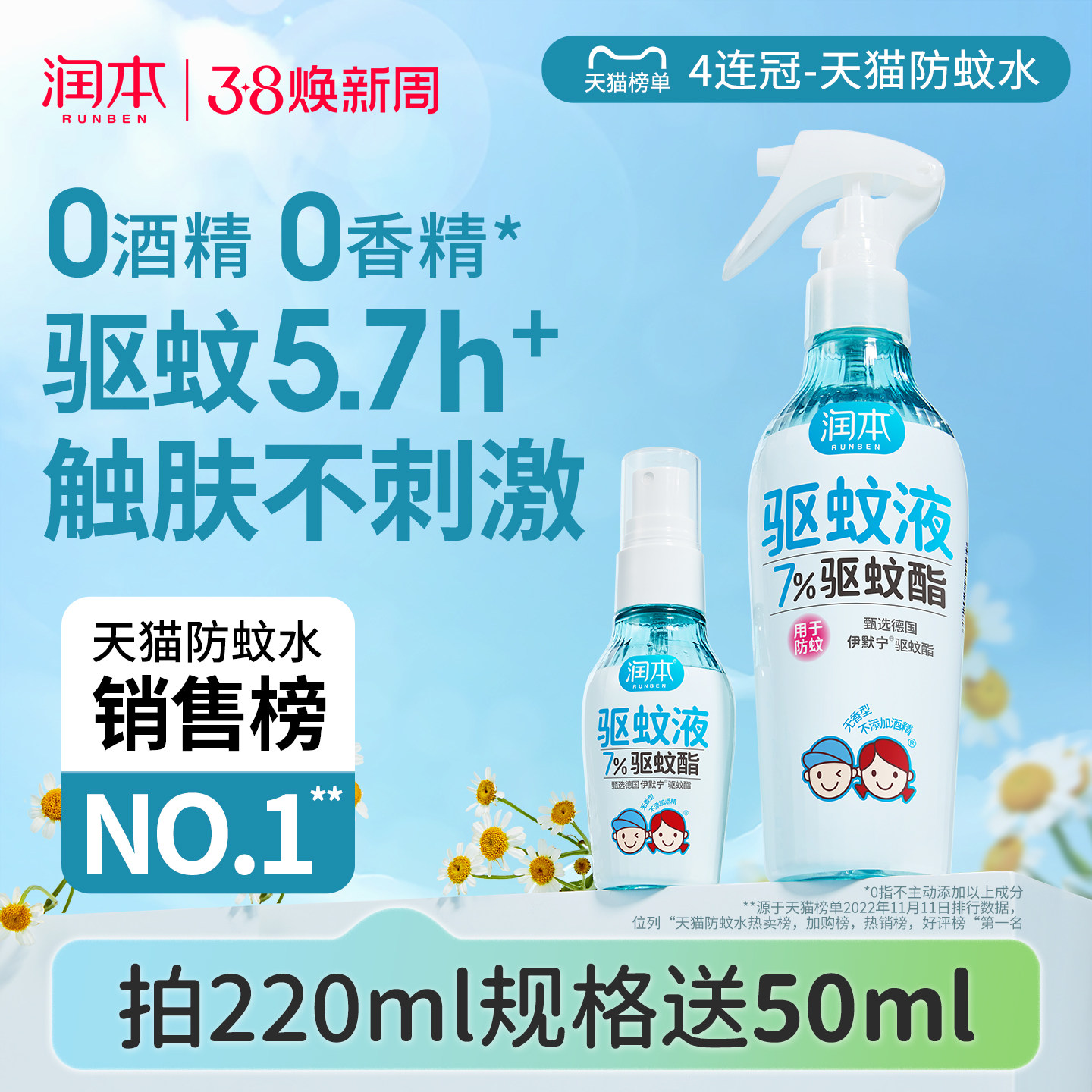 润本驱蚊液防蚊喷雾驱蚊水户外专用神器防叮咬蚊怕水花露水