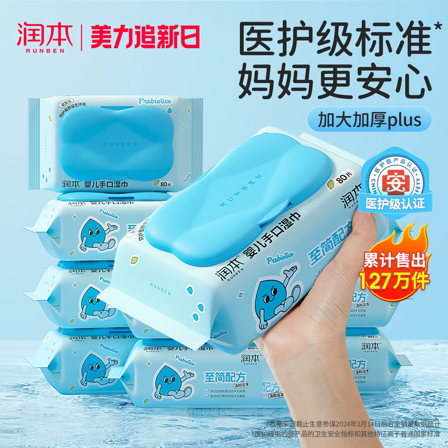 润本婴儿湿纸巾新生幼儿童宝宝手口屁专用80抽5包家庭实惠装大包