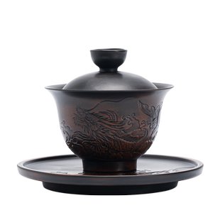 紫陶盖碗半手工游龙四海三才盖杯茶具陶瓷茶杯带盖单个泡茶器复古