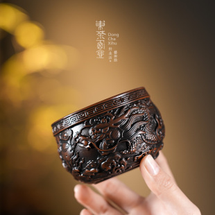 紫陶茶杯半手工浮雕祥龙主人杯复古单杯百福杯大号品茗茶器个人杯