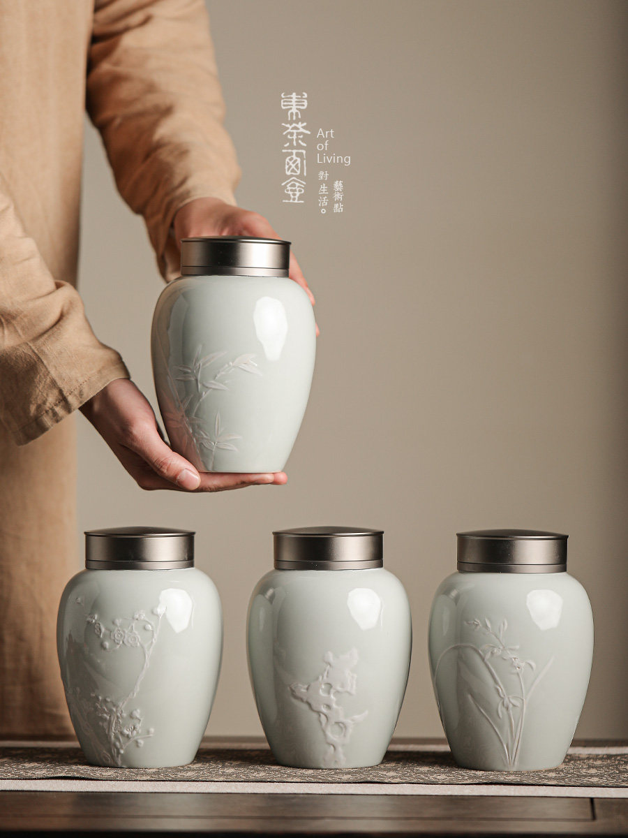 东茶西壶草木灰釉陶瓷茶叶罐中号金属双盖密封罐茶叶包装防潮茶仓