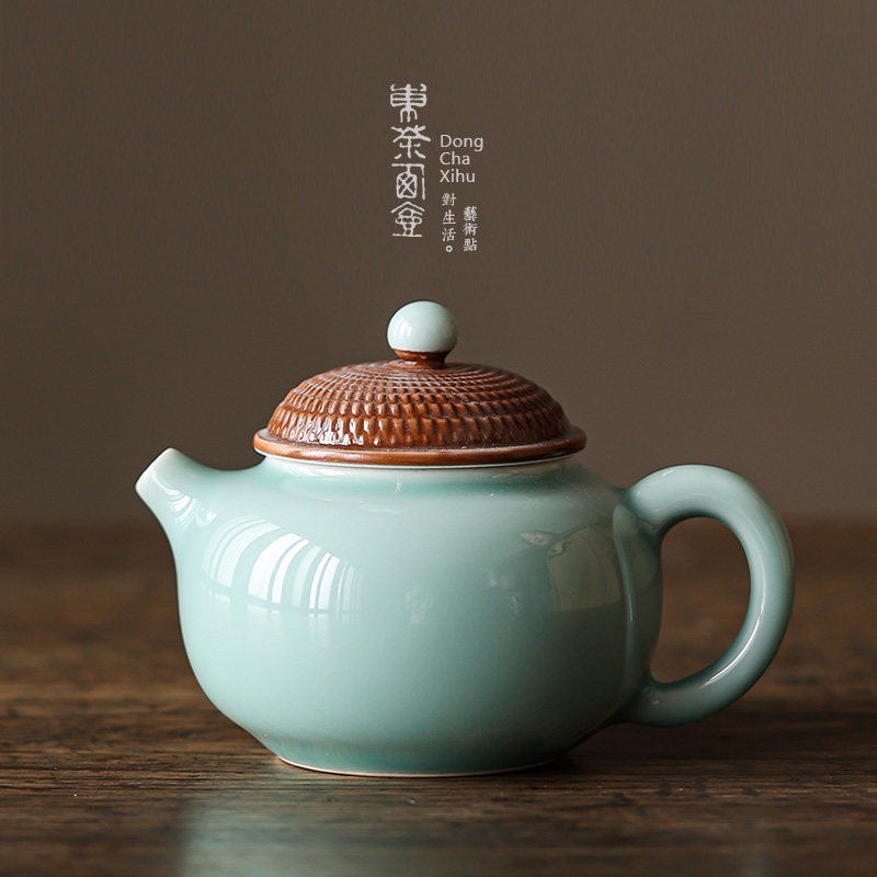 手工跳刀原矿青瓷手绘陶瓷茶壶