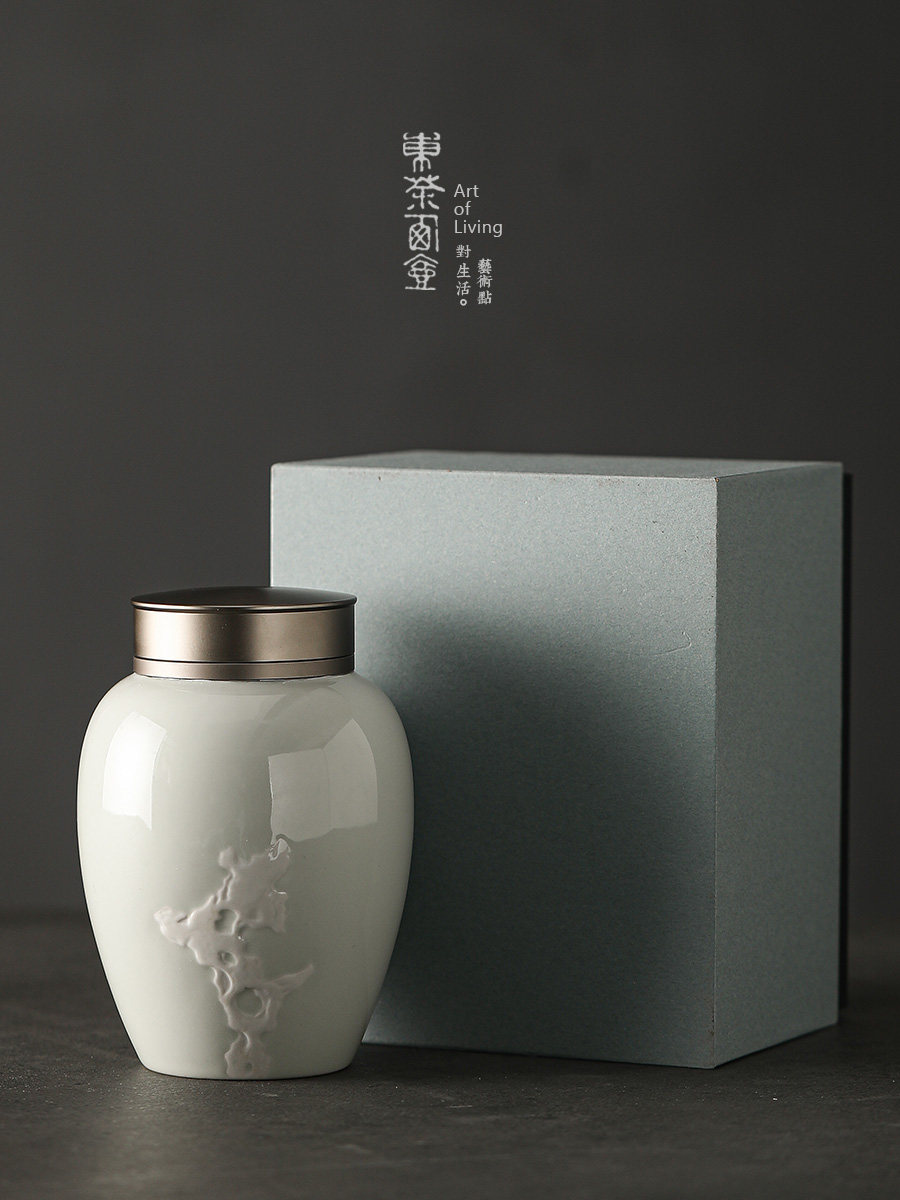 东茶西壶草木灰釉陶瓷茶叶罐中号金属双盖密封罐茶叶包装防潮茶仓