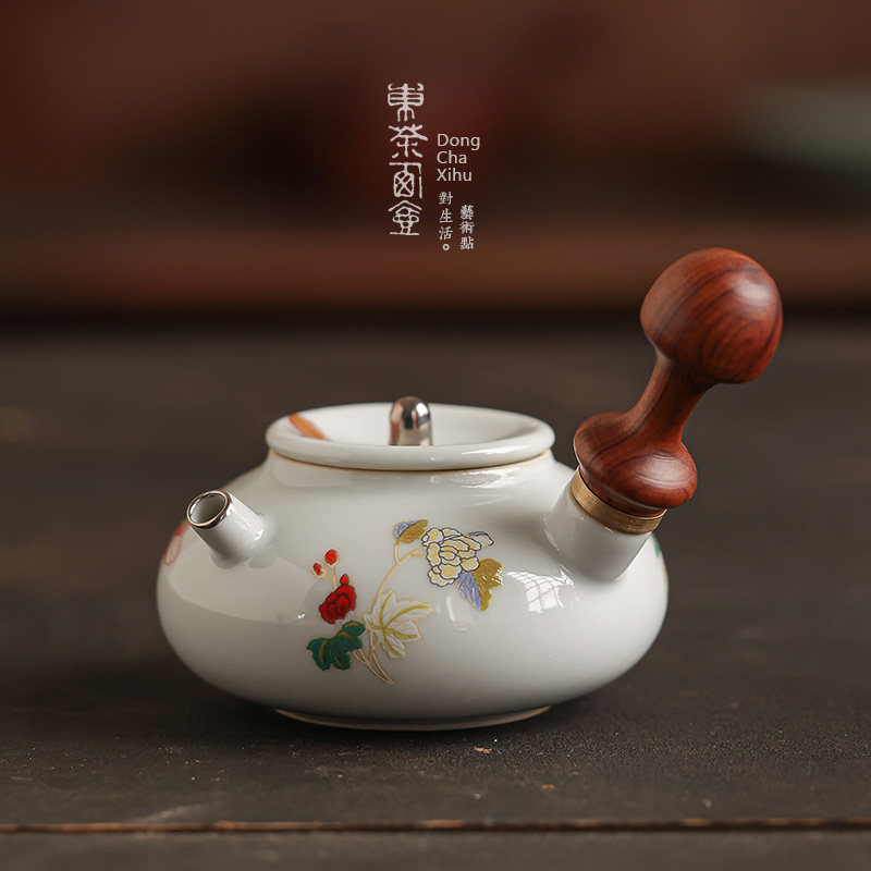 复古灰白金，描边红木小侧把壶图片
