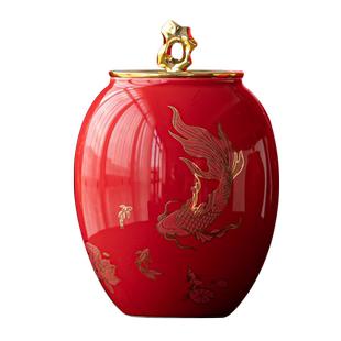 陶瓷茶叶罐超大号红釉密封罐防潮存储茶仓锦鲤茶礼茶包装礼盒定制