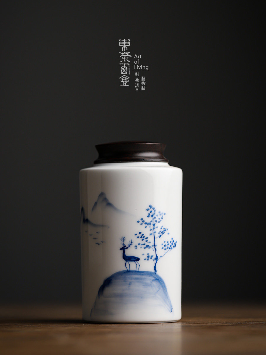 黑檀木盖子茶叶罐小号陶瓷茶仓人工手绘茶罐茶叶包装密封罐存茶缸