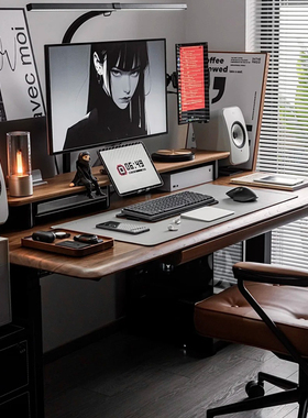 实木电动升降桌大板电脑台式桌家用大长书桌卧室双人电竞桌办公桌