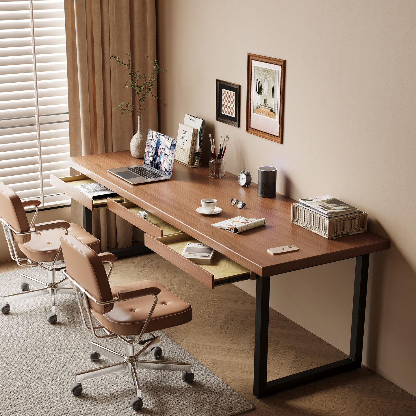 带抽屉方形腿可夹支架实木书桌家用双人学习桌卧室书房大板电脑桌,住宅家具,书桌,淘宝优惠券,粉丝福利购,淘宝优惠卷