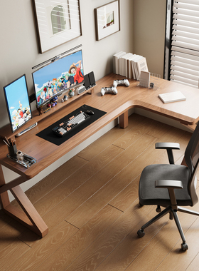 纯实木K字腿转角书桌家用L型电脑桌大板办公写字学习桌卧室工作台