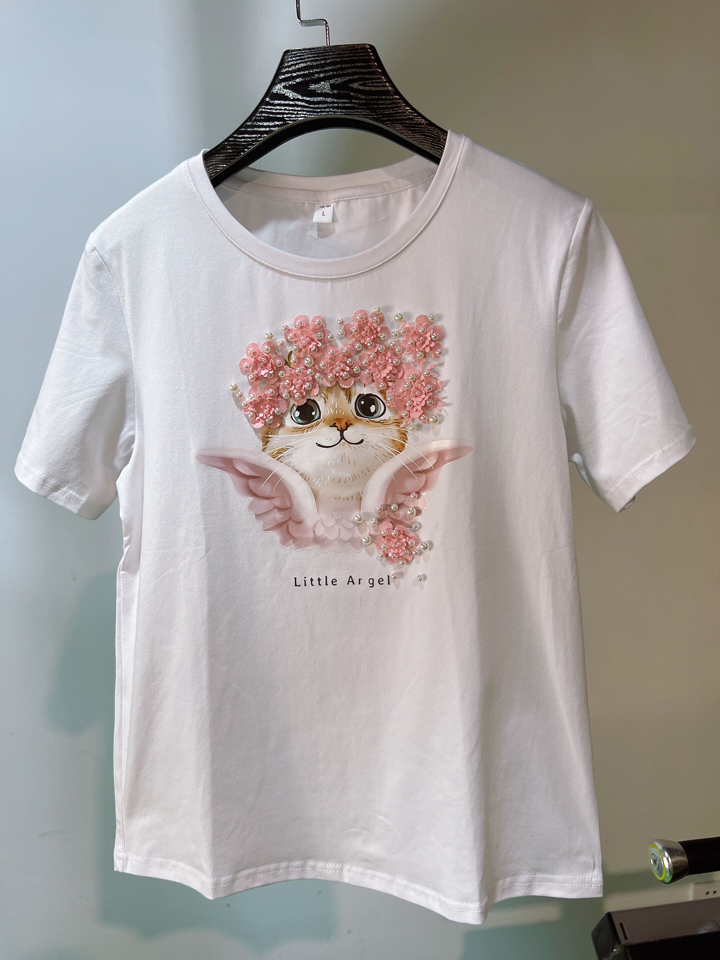 欧洲站夏季新款立体花朵钉珠猫咪天使印花短袖纯棉宽松T恤女 白色